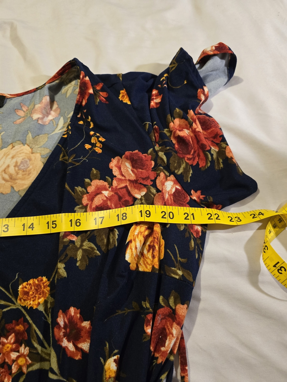 Fortune & Ivy Floral Wrap Midi Dress - Navy with Red & Yellow Flowers 2X - Picture 5 of 8